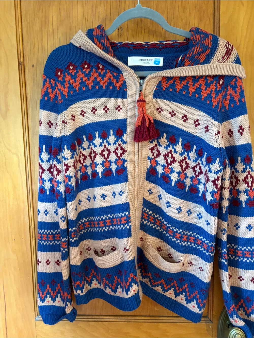 sparrow Blue, Cream & Red Fair Isle Zip Hoodie Cardigan